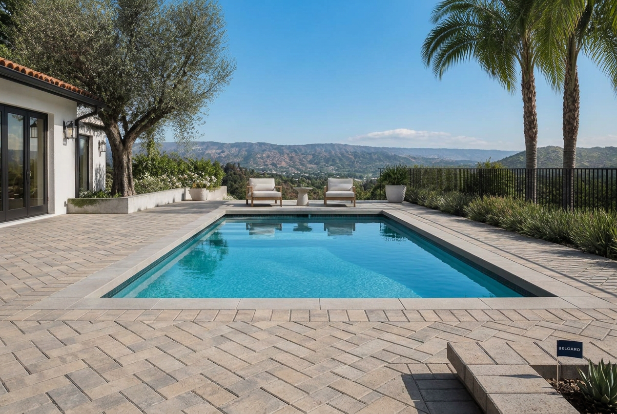 Belgard paver pool deck surrounding a swimming pool at a Camarillo, California hillside home