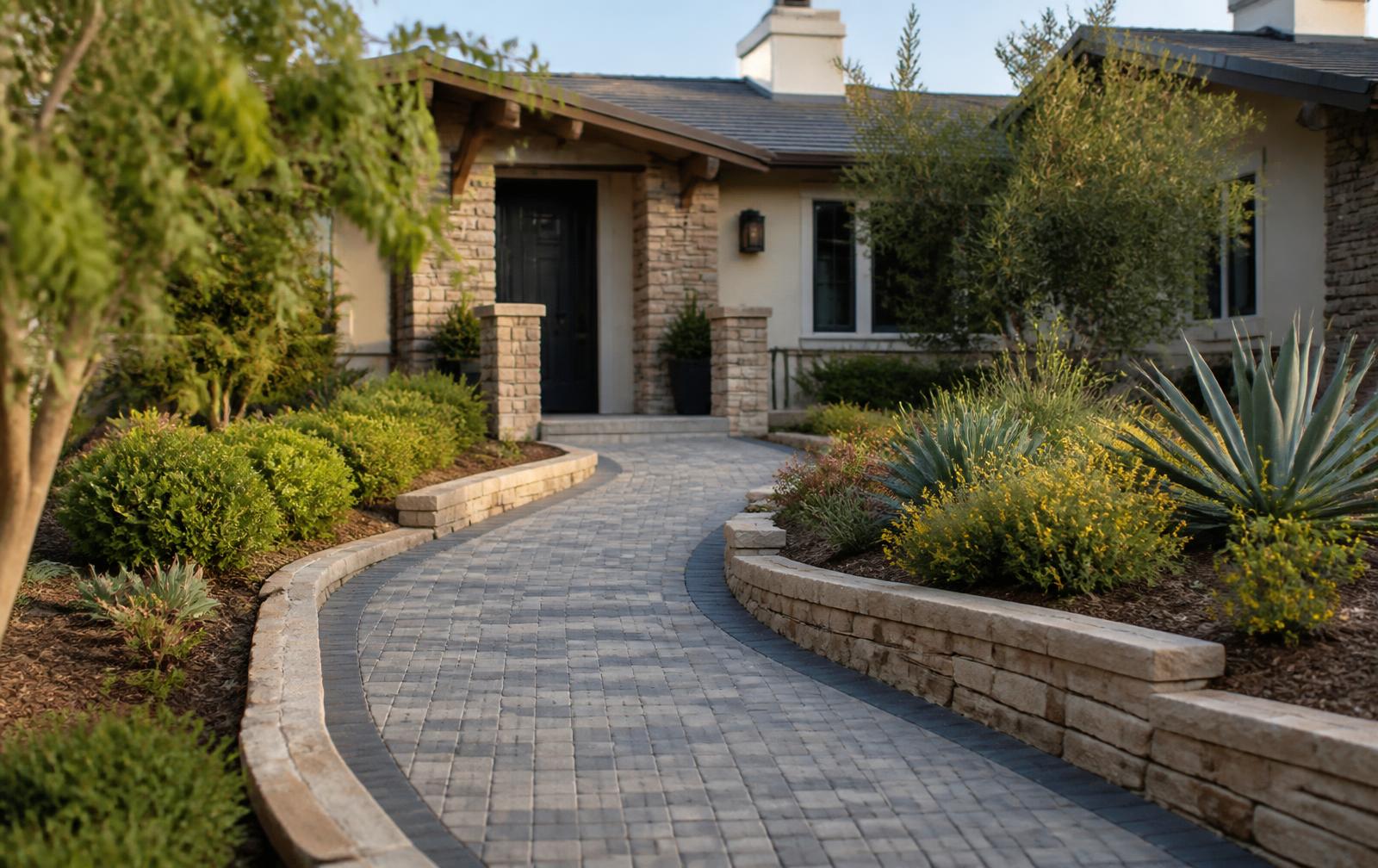 Curved paver walkway with soldier-course border at a Camarillo, California home