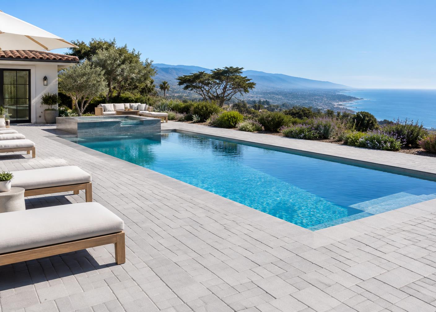 Concrete paver pool deck design inspiration for Montecito, California homes