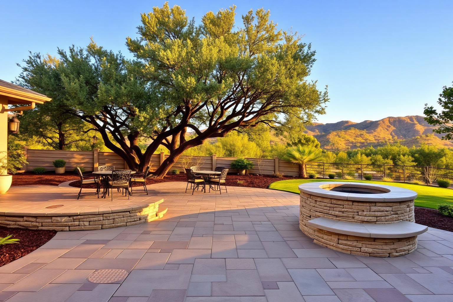 Belgard-style paver patio with fire feature and oak canopy in Thousand Oaks, California