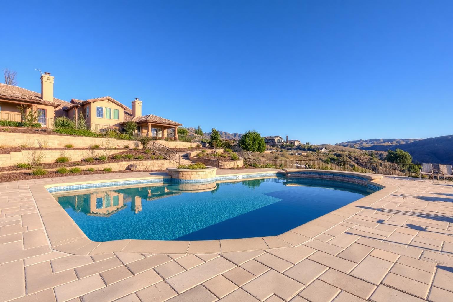 Cool-touch Belgard-style paver pool deck at a Dos Vientos hillside home in Thousand Oaks, California