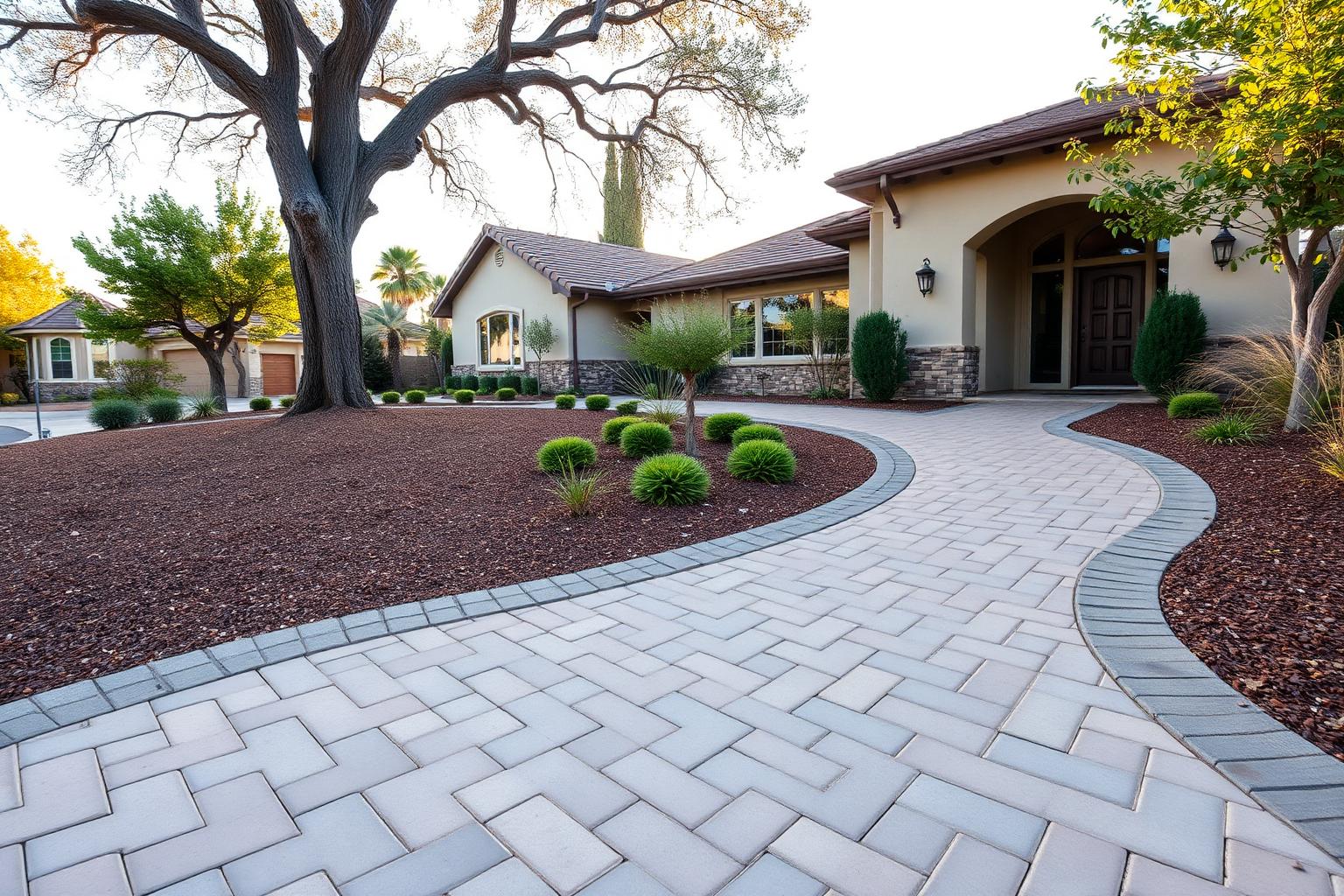 Curved interlocking paver front entry walkway with soldier-course border in Thousand Oaks, California