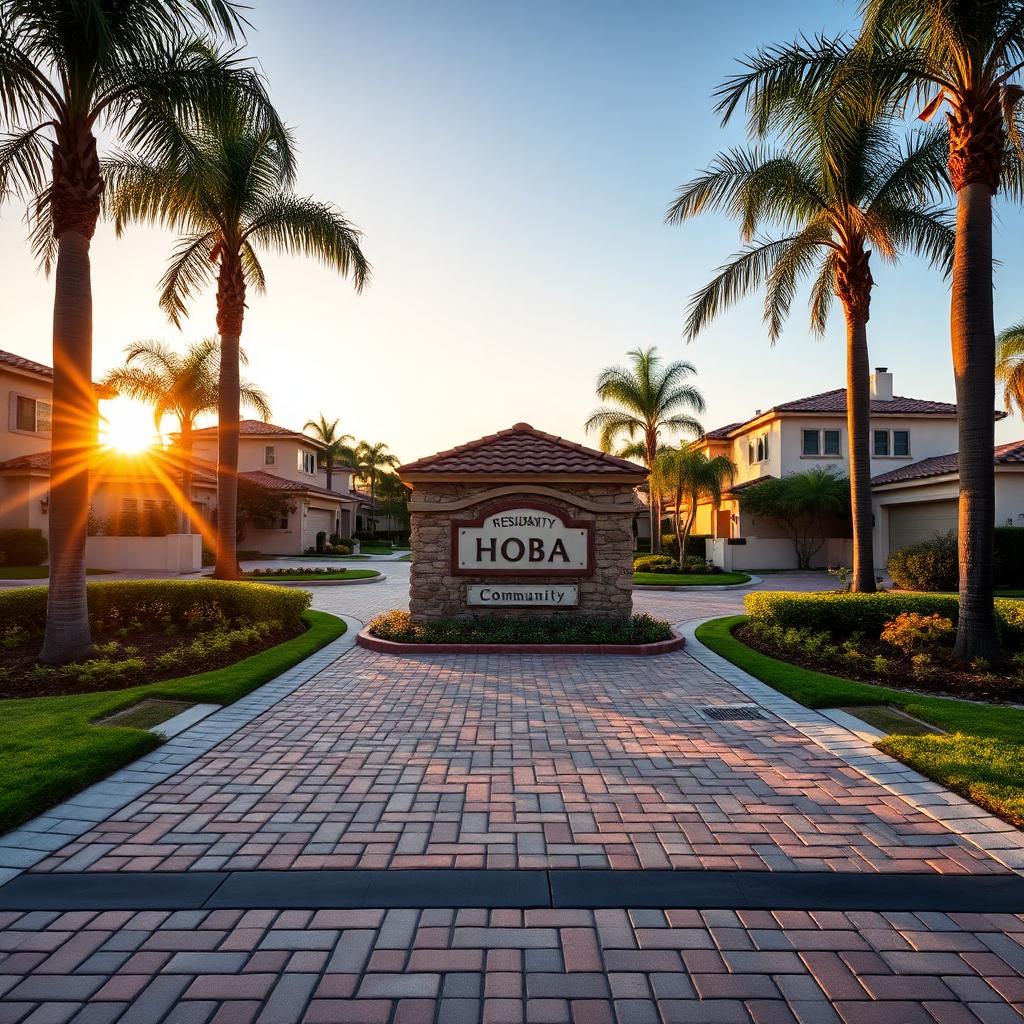 HOA community entry drive paved with interlocking concrete pavers