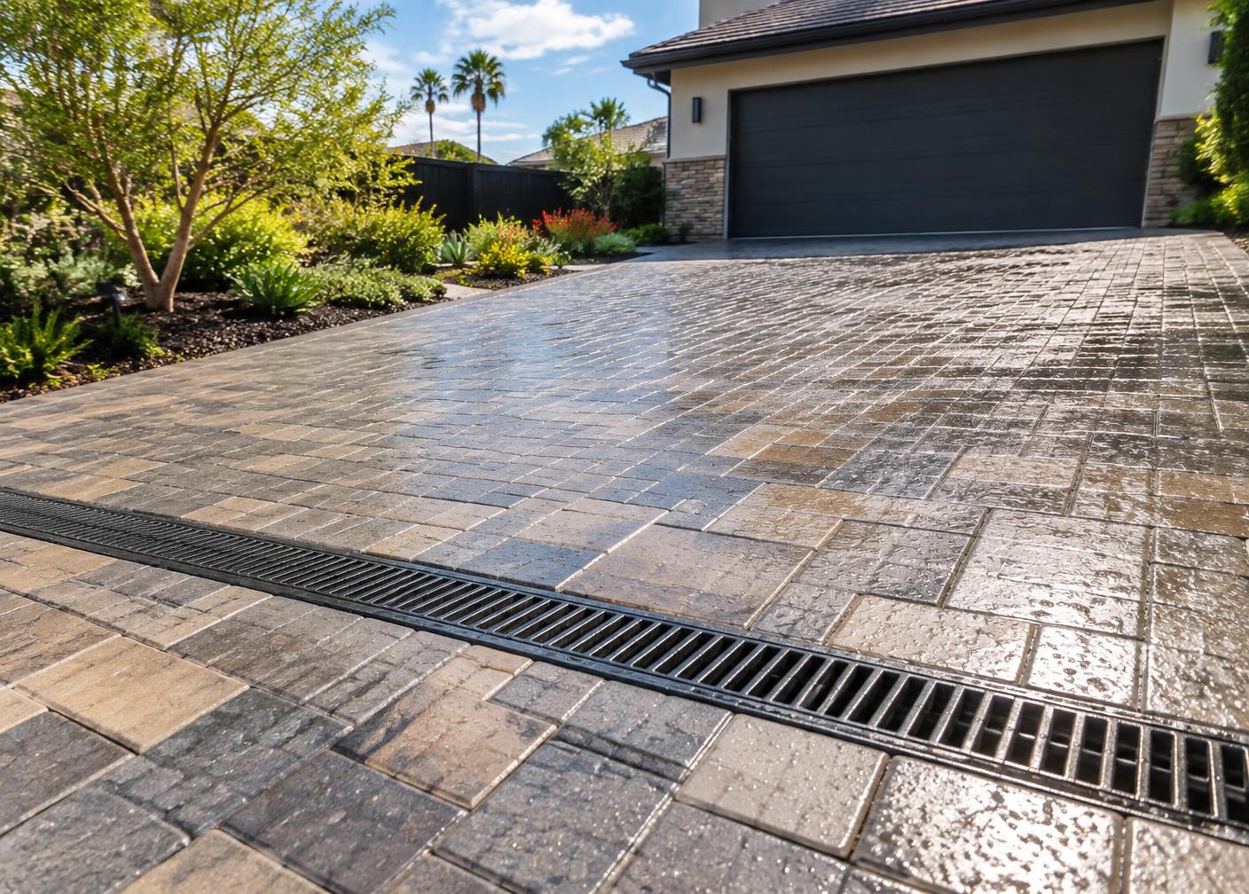 Channel drain installed across a wet interlocking paver driveway after light rain
