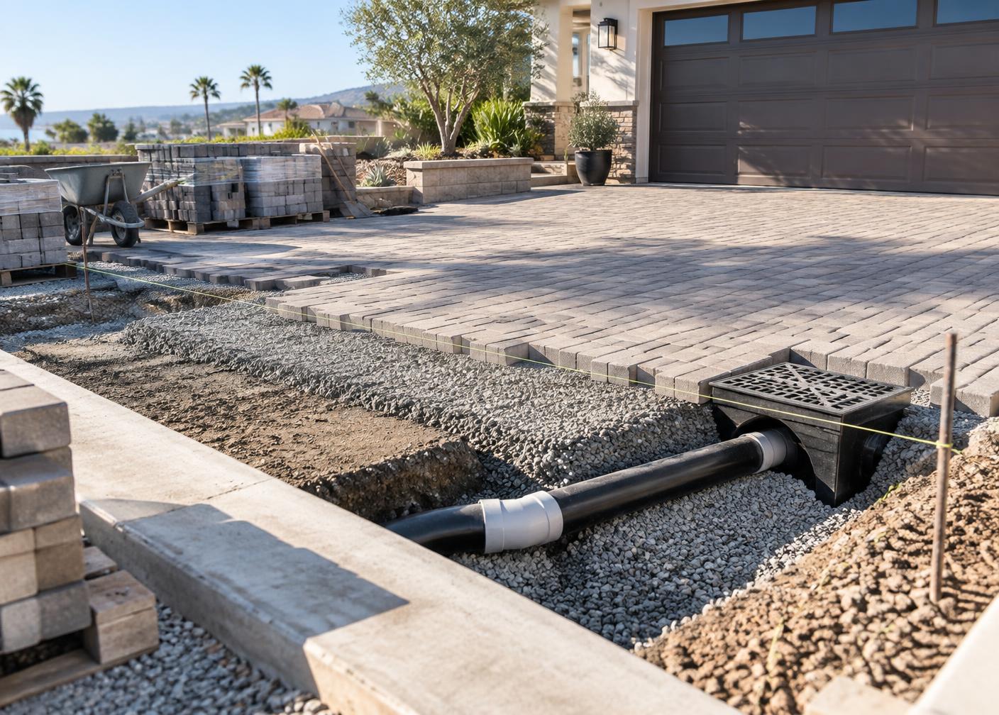 Drain pipe and catch basin planned beneath a paver installation base