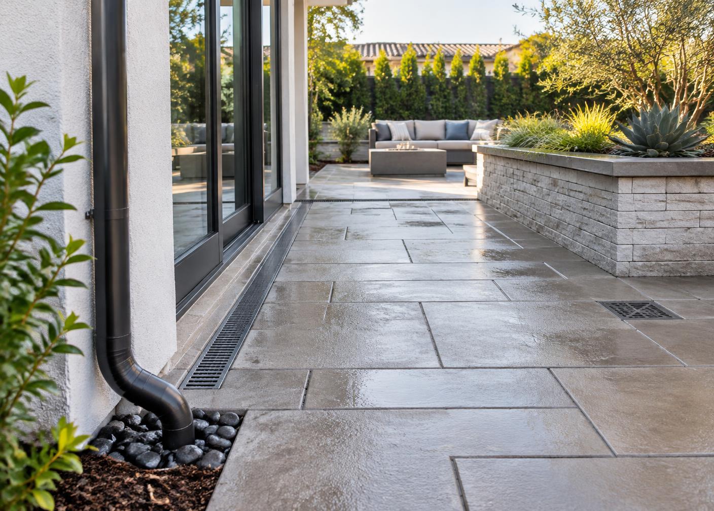 Paver patio with integrated perimeter channel drain and catch basin