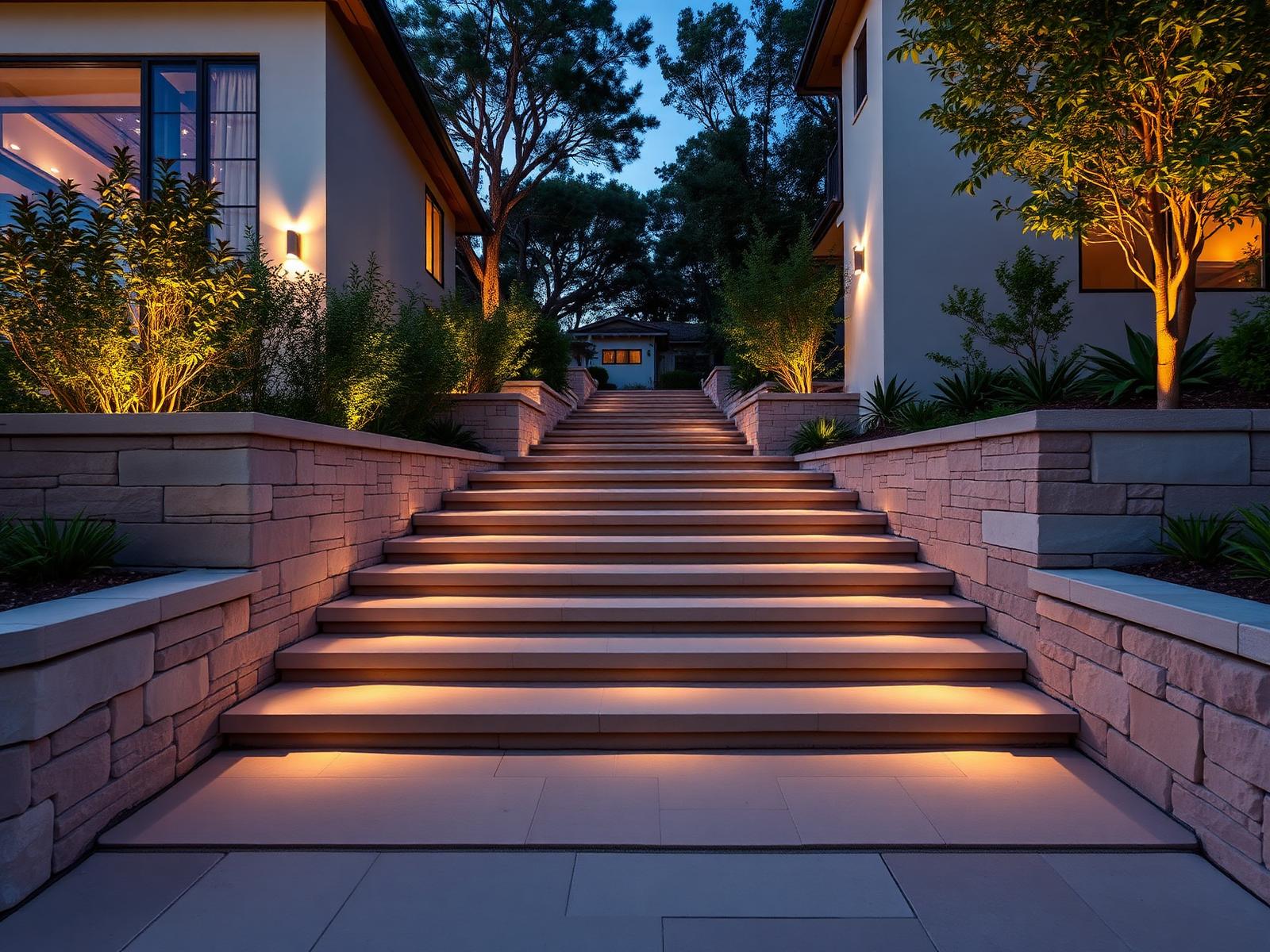 Illuminated paver steps and planter walls