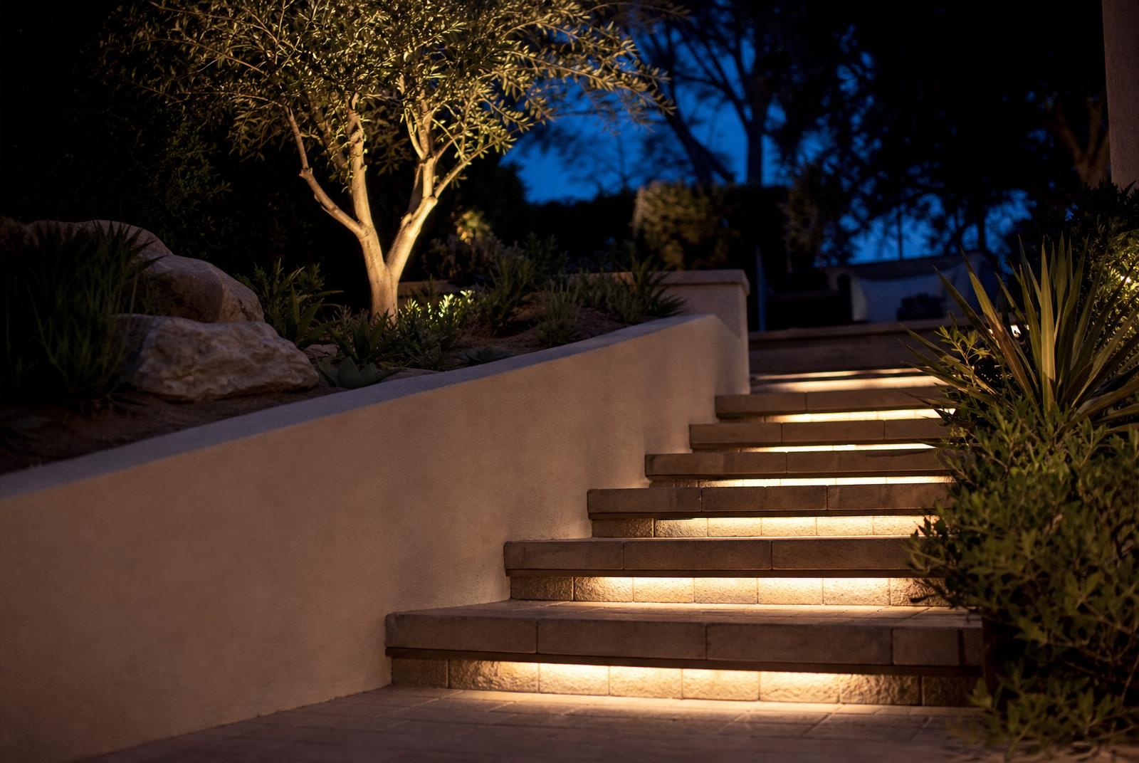 Illuminated paver steps and planter walls
