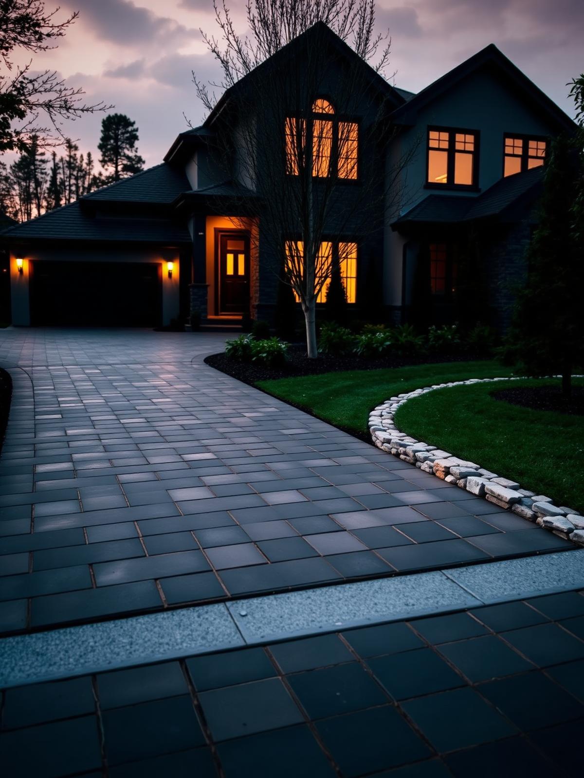 Charcoal paver driveway at dusk