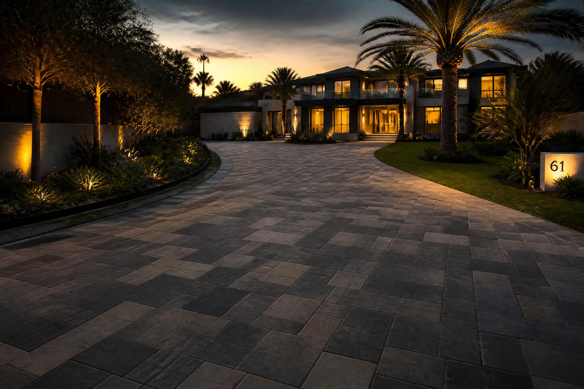 Luxury paver driveway leading to a modern Southern California estate at dusk