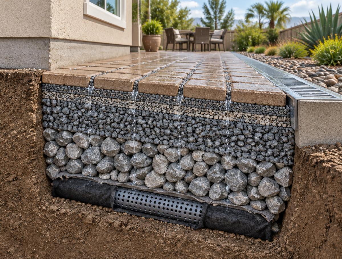 Cutaway of a permeable paver patio showing pavers, crushed stone base layers, and a perforated drain pipe carrying water away from the home's foundation
