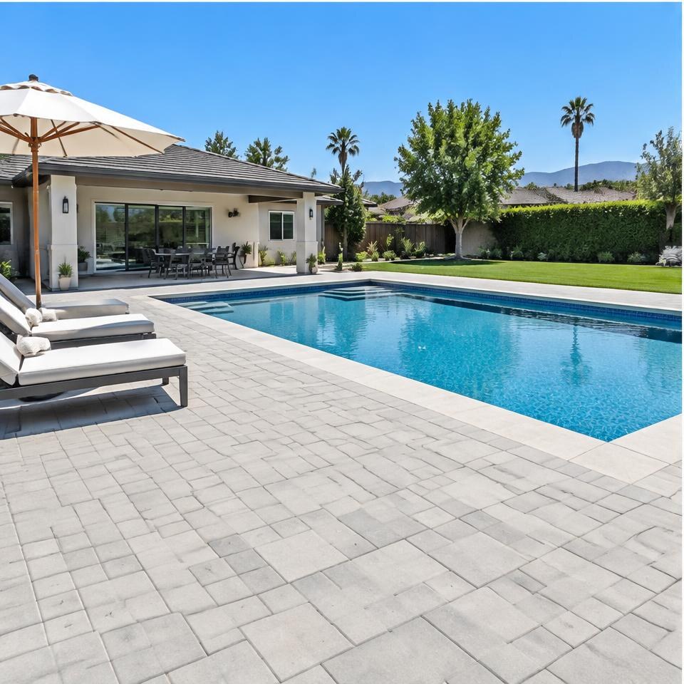 Concrete paver pool deck design inspiration for Calabasas, California homes