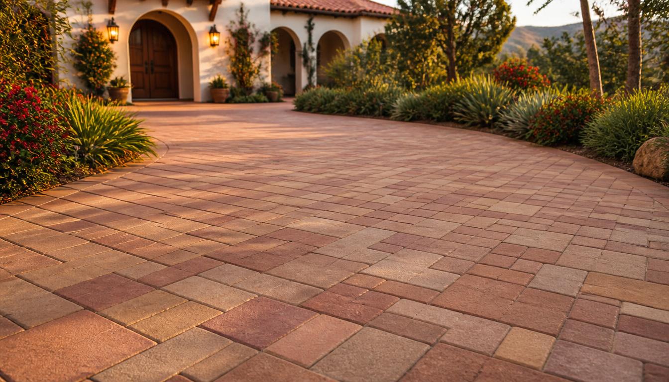 Spanish-Mediterranean paver driveway and courtyard in Santa Barbara County