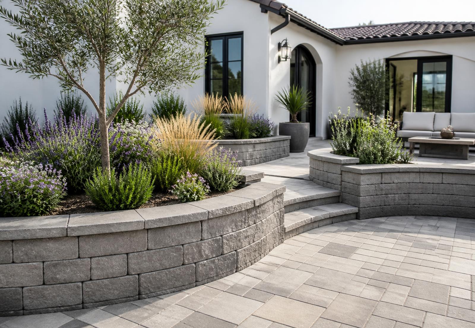 Low paver gravity walls surrounding planted garden beds