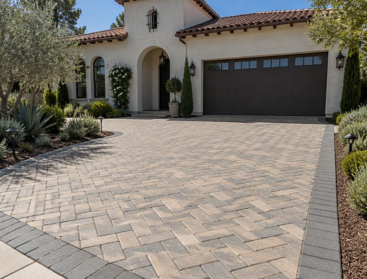 Herringbone interlocking concrete paver driveway with charcoal border at a Spanish-style Southern California home