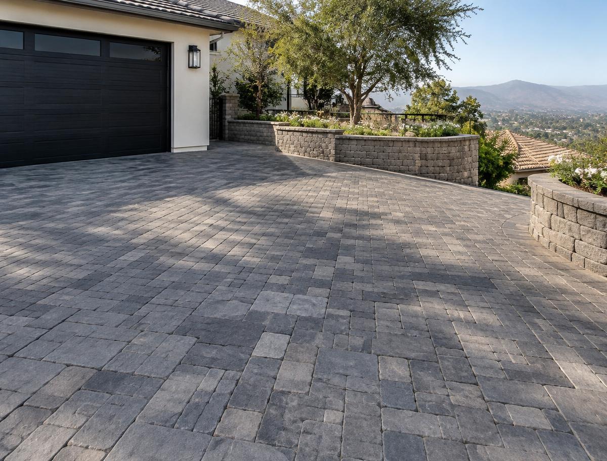 Grey paver driveway with raised planter borders at a hillside Southern California home
