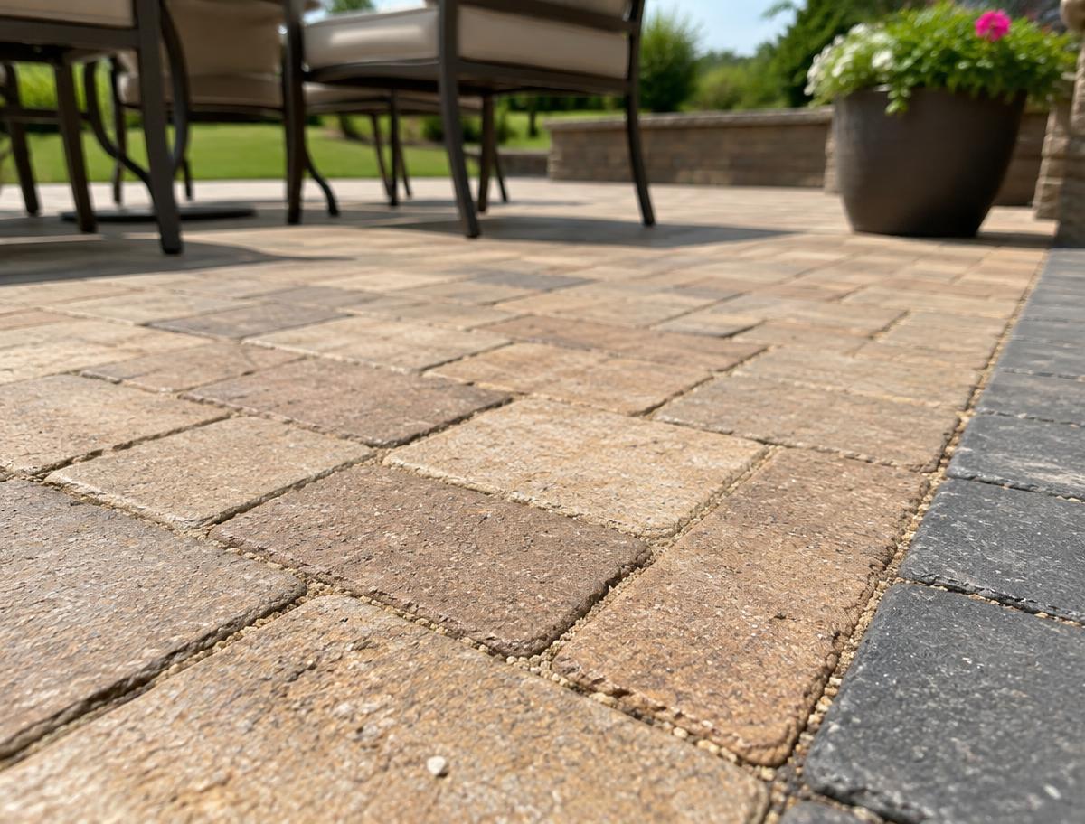 Close-up of a tan and brown interlocking concrete paver patio with a charcoal border and sand-filled joints