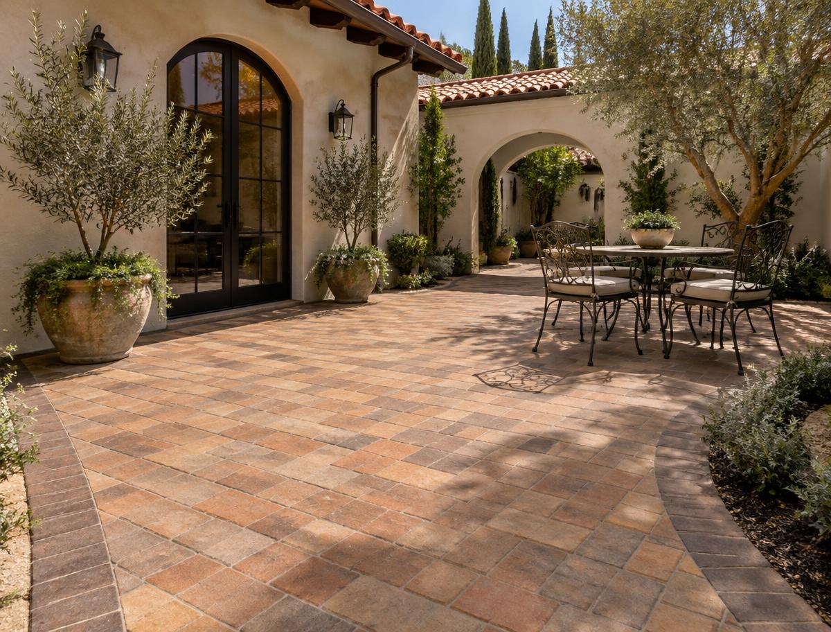 Tumbled terracotta and tan concrete paver courtyard patio design inspiration for an Encino, California home