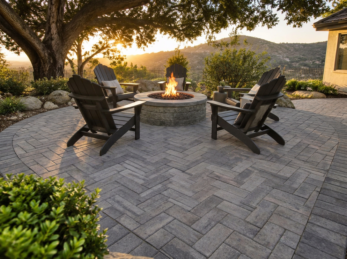 Grey herringbone concrete paver patio with round fire pit under oak trees, design inspiration for Thousand Oaks, California