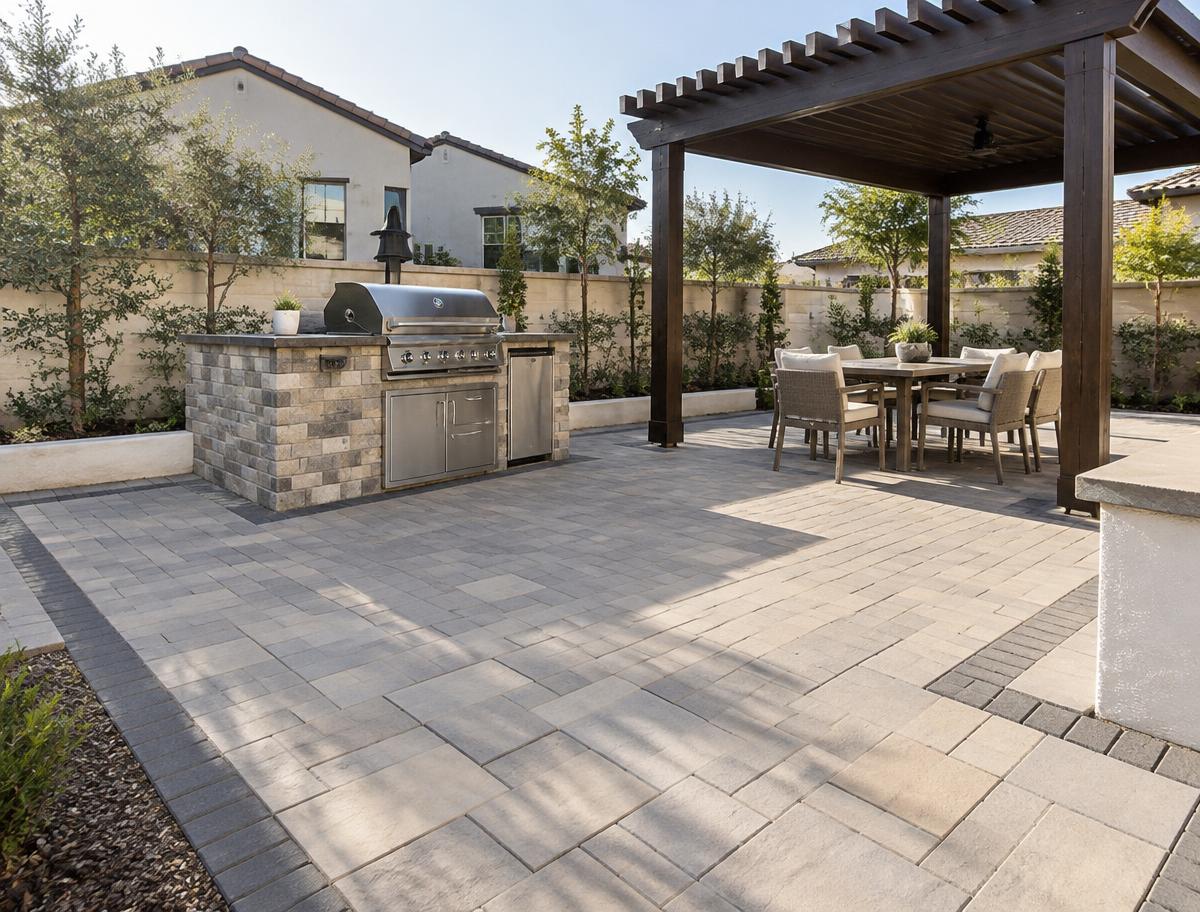 Sand and grey concrete paver patio with outdoor kitchen and pergola, Southern California design inspiration