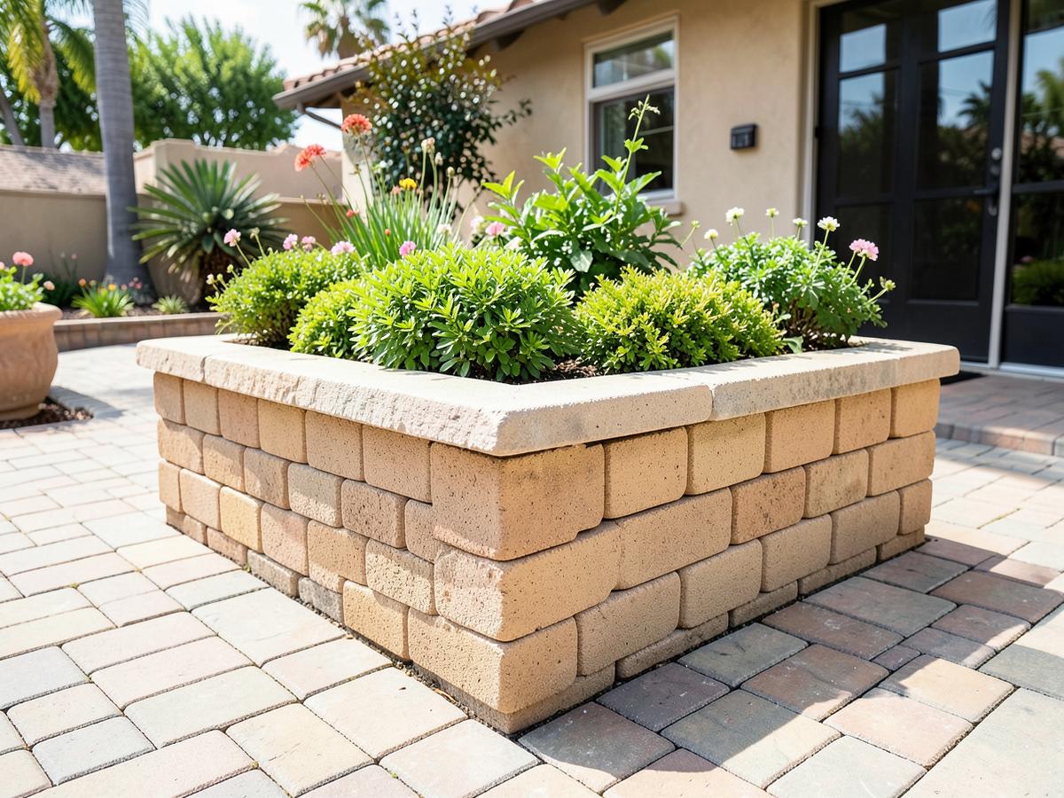 Raised tan paver block planter with cap stone and flowering plants beside a paver patio