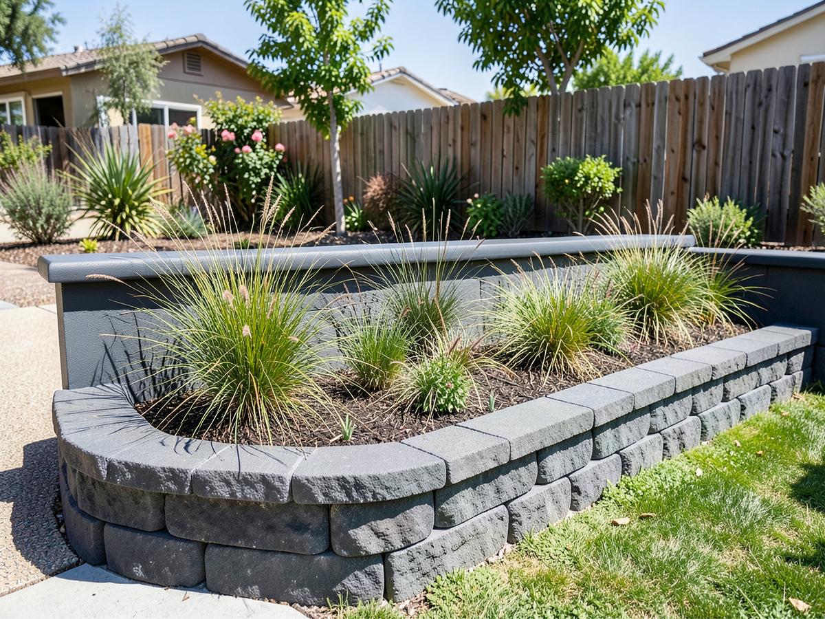 Low charcoal paver planter wall holding a planted bed of ornamental grasses