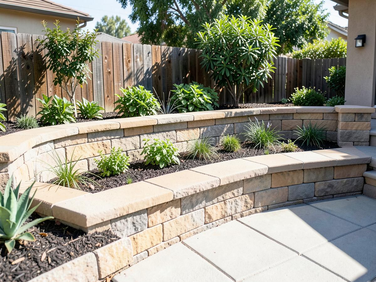 Curved paver seat wall wrapping a backyard patio with planted beds behind it