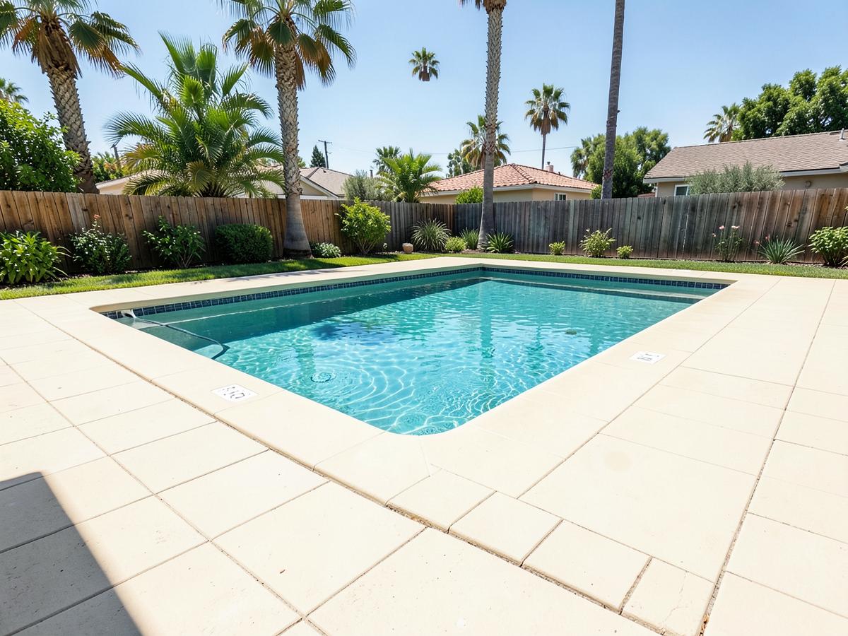 Light cream large-format paver pool deck around a rectangular pool in Southern California