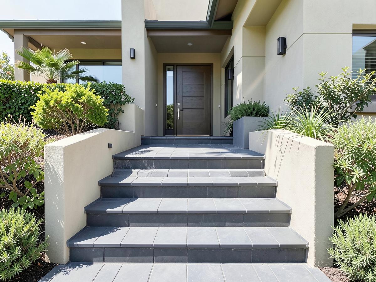 Wide paver entry steps with bullnose treads at a modern Southern California home
