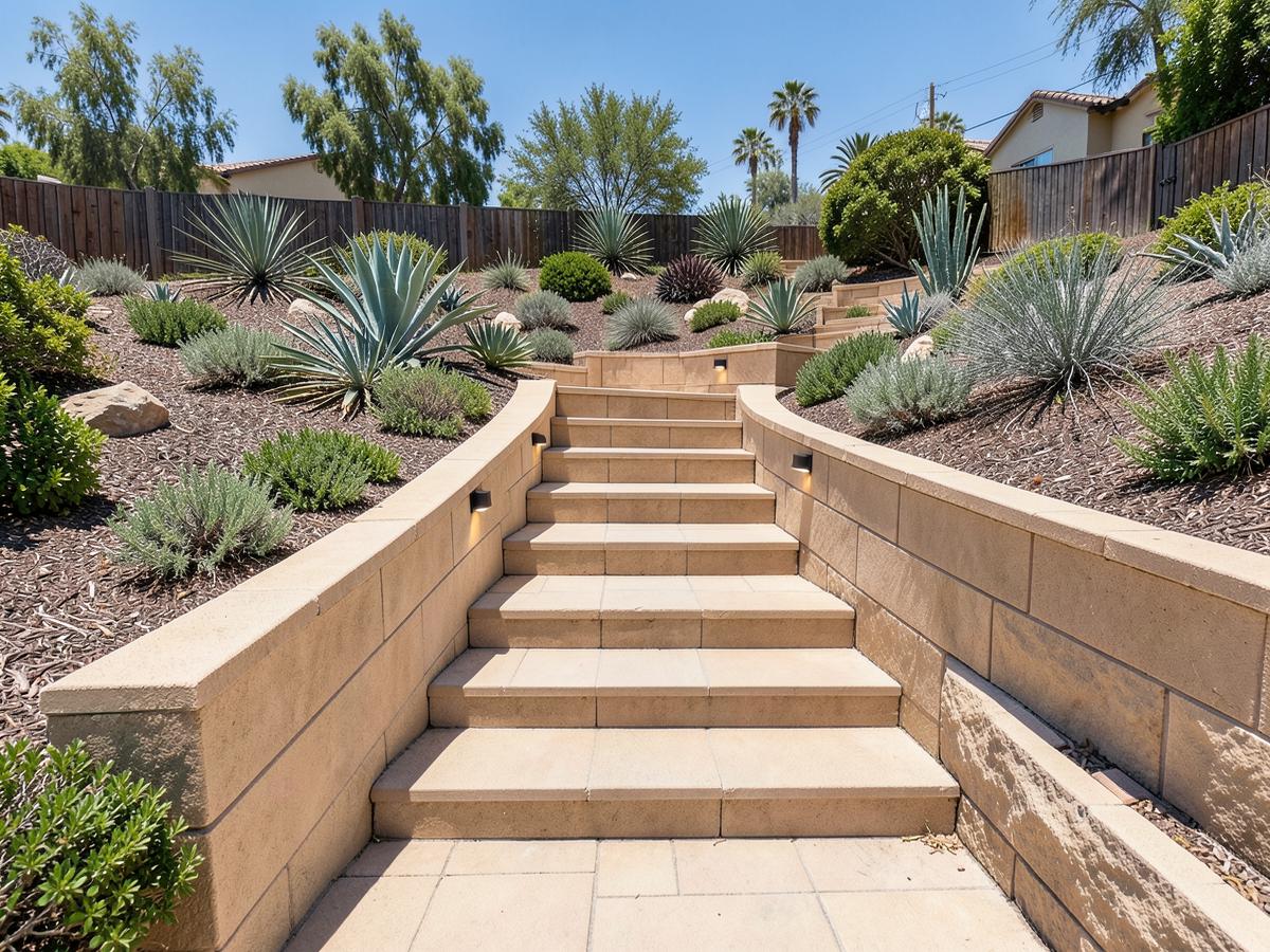 Hillside paver stairway with retaining walls and integrated riser lighting