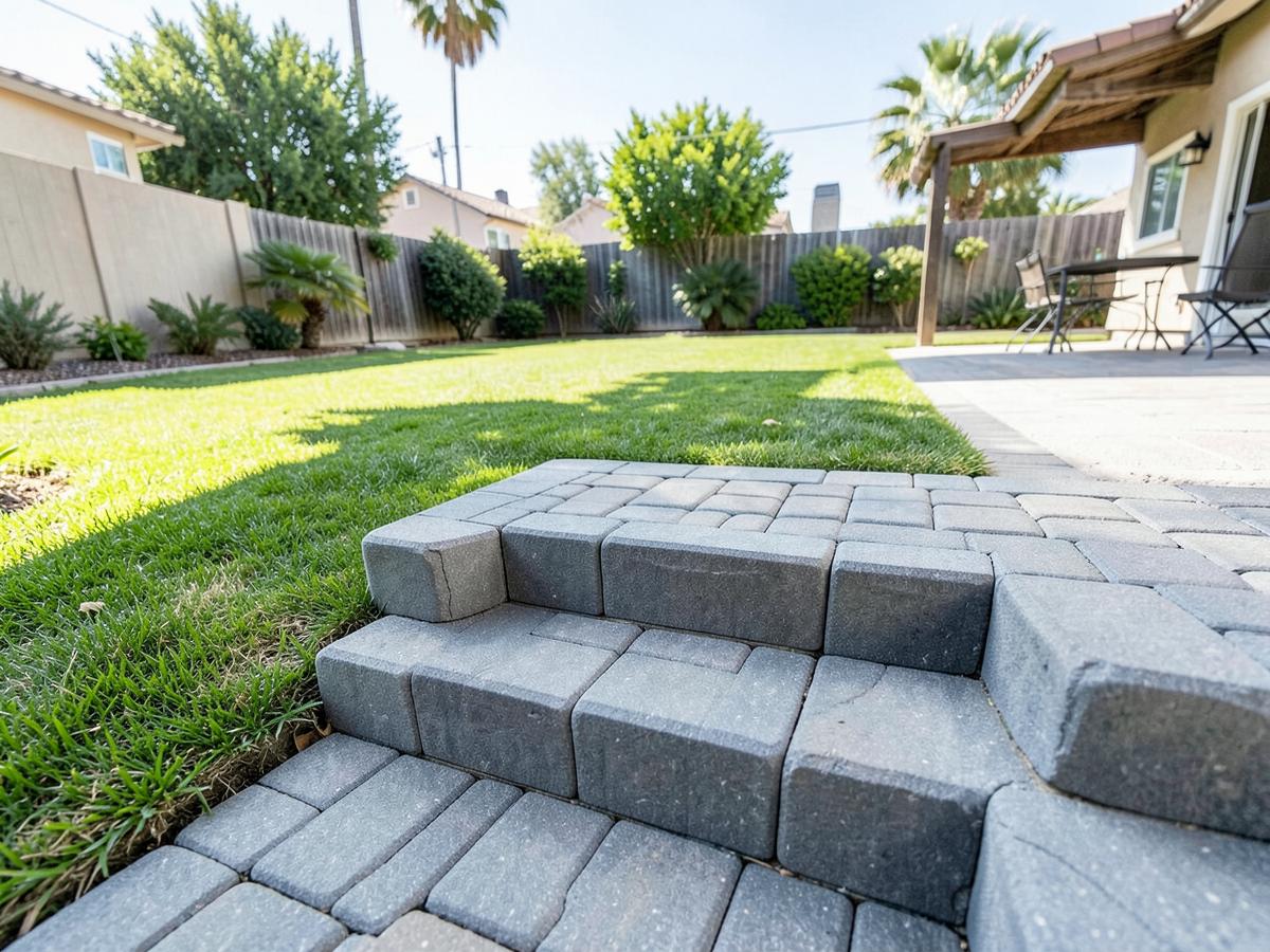 Paver steps transitioning between a patio and lawn in a Southern California backyard