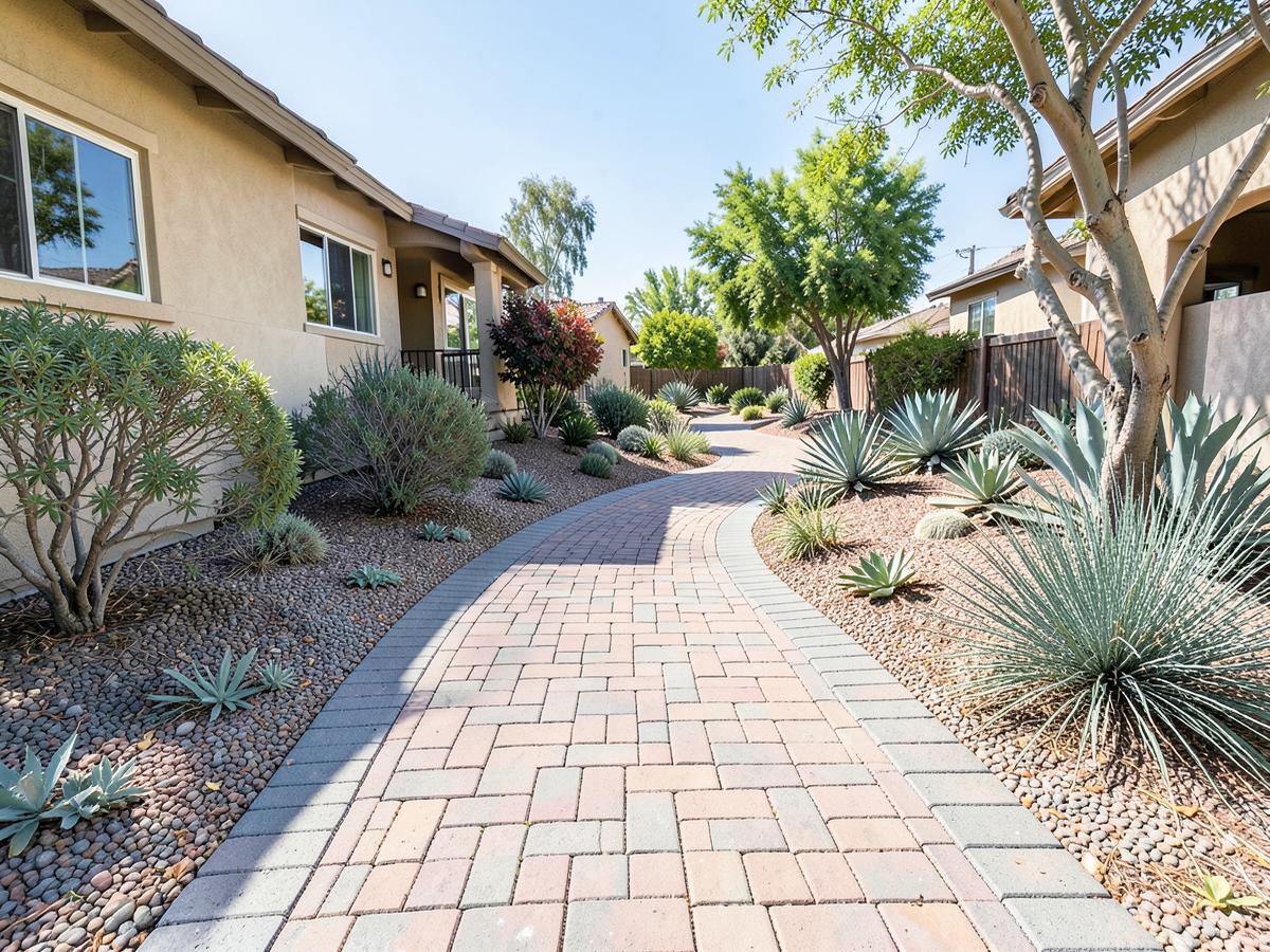 Paver walkway winding through drought-tolerant landscaping in Southern California